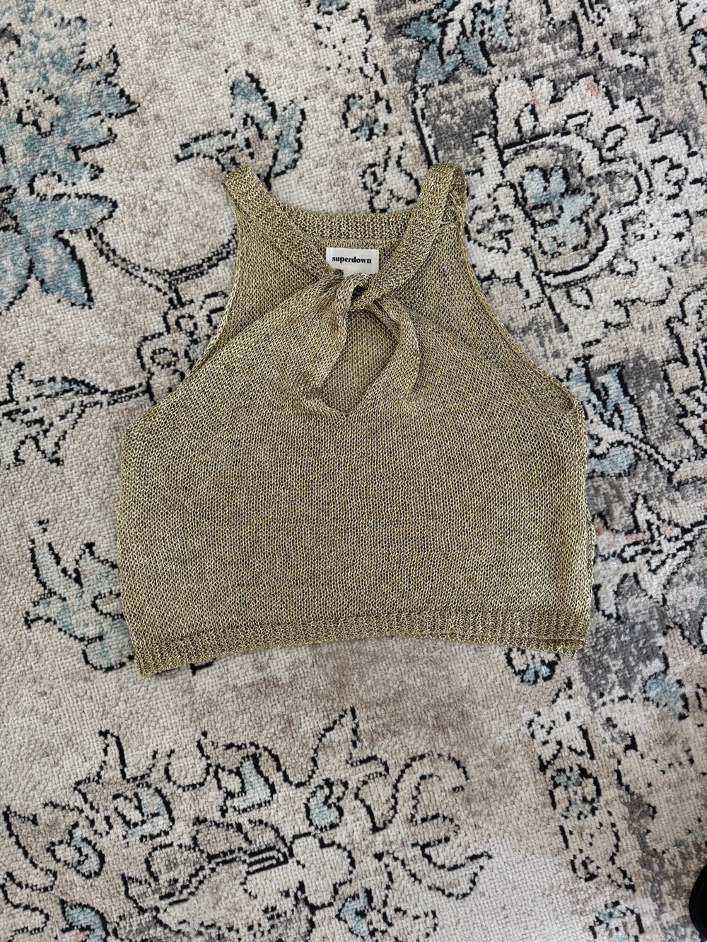 superdown Olive Metallic Knit Halter Crop Top with Tie
